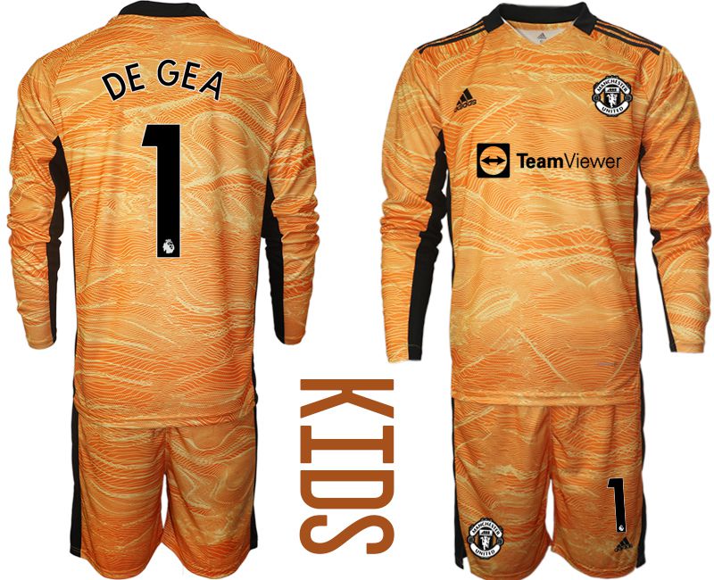 Youth 2021-2022 Club Manchester United orange yellow long sleeve goalkeeper #1 Soccer Jersey